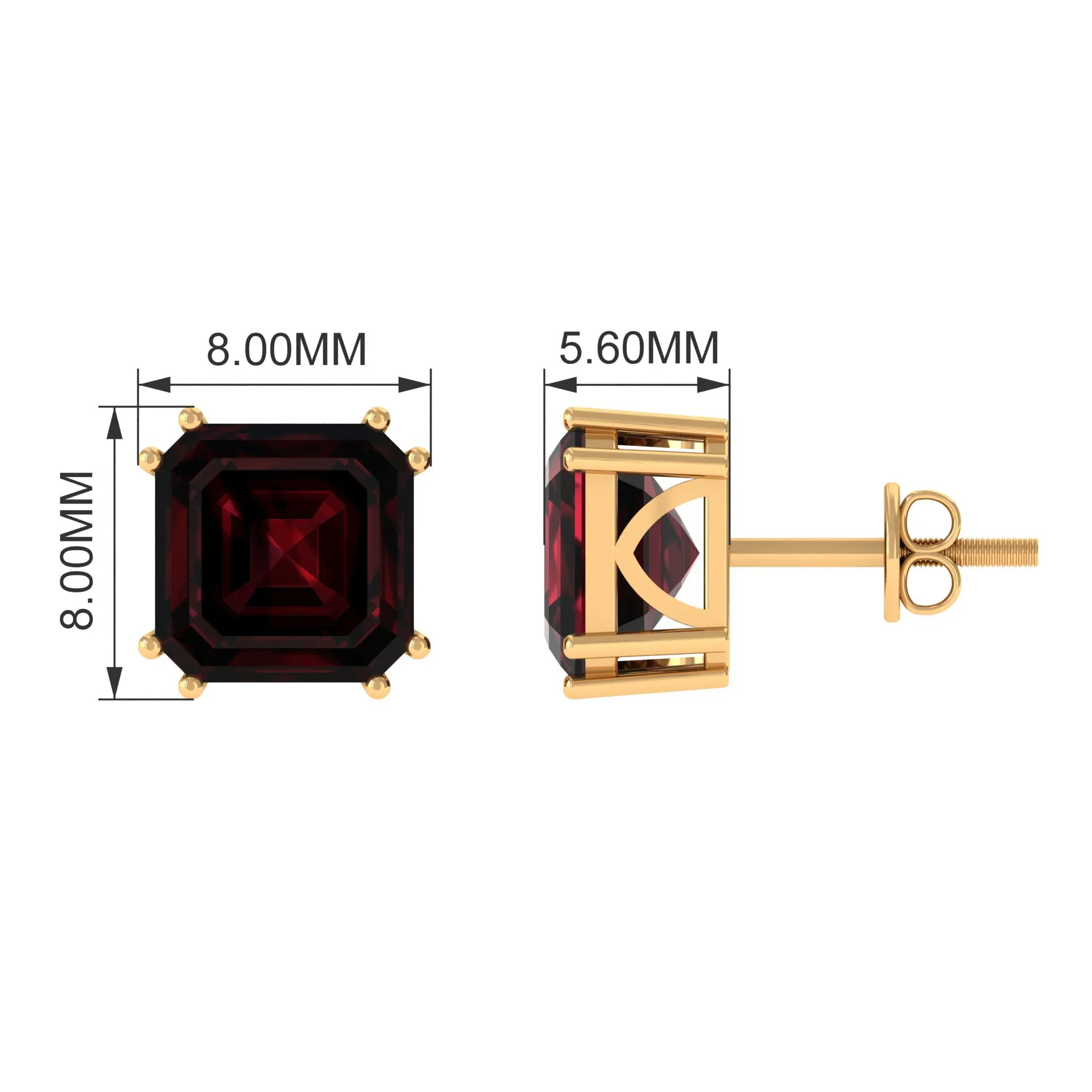 8 MM Asscher Cut Garnet Solitaire Stud Earrings in Double Prong Setting
