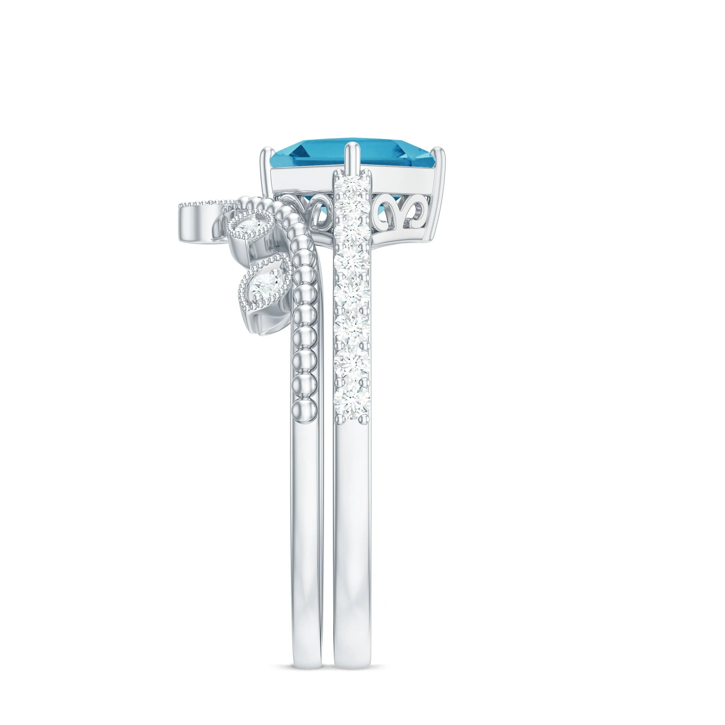 Princess Cut Swiss Blue Topaz Vintage Ring Set with Diamond